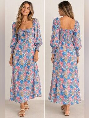 Faithfull The Brand Floral Smocked Midi Dress XS Puff Sleeve Cottagecore